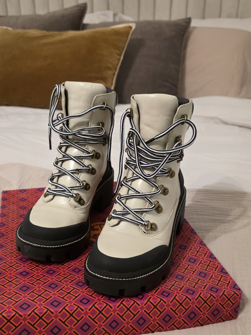 Cream Lace-Up Tory Burch Boot with Black Trim
